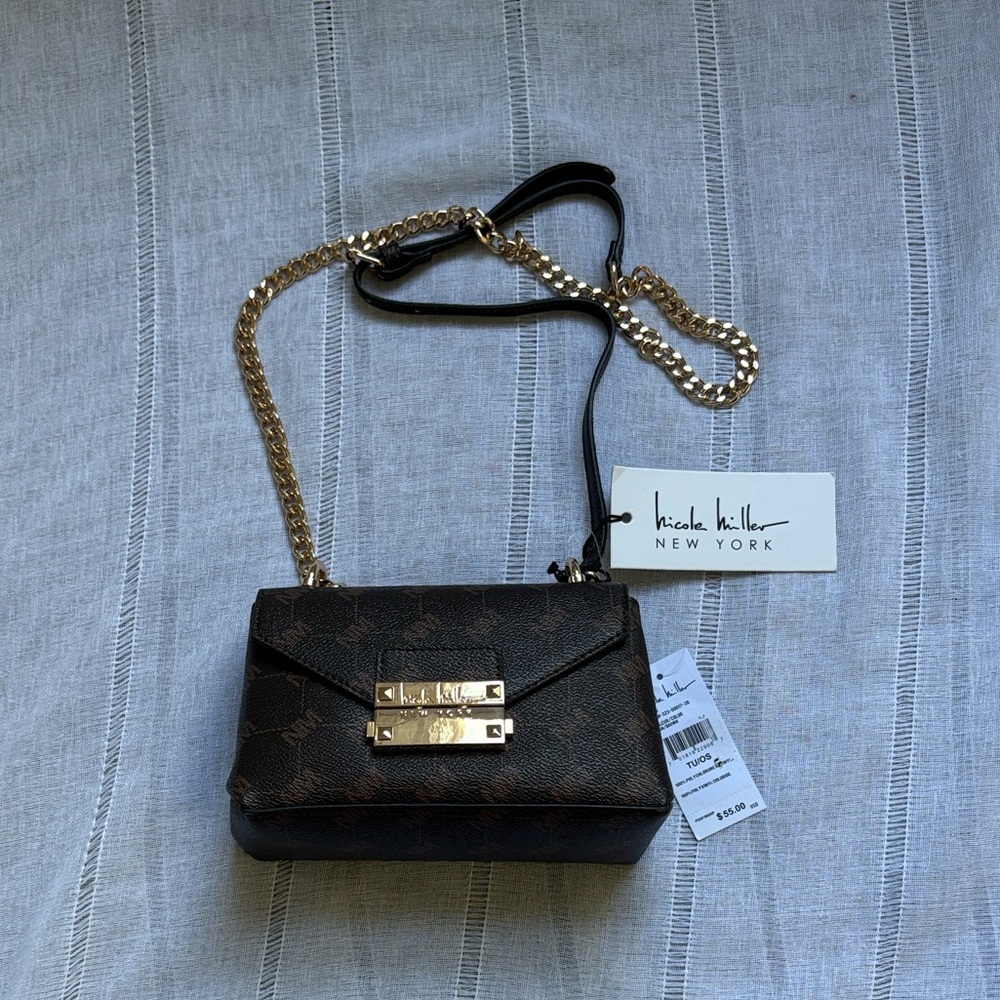 Nicole Miller Brown Logo Print Chain Shoulder Bag - Picture 2 of 14